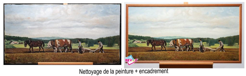 Nettoyage de peinture et encadrement d'un bois dont le décors est fait à la main avec du charbon 