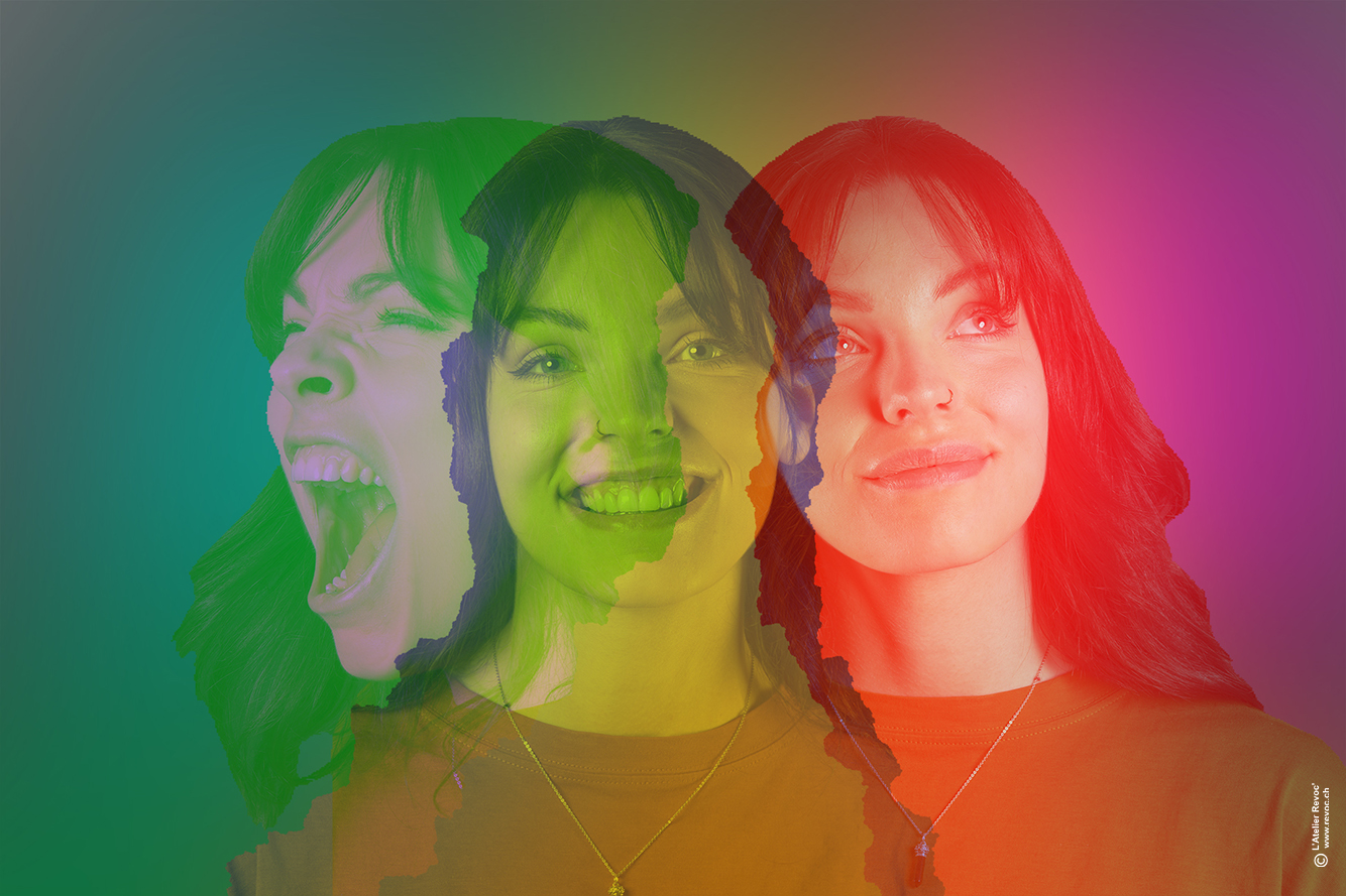 Fragments Portrait artistique d’une femme décliné en plusieurs expressions et superpositions colorées, dans une composition aux teintes vertes, jaunes, rouges et roses.