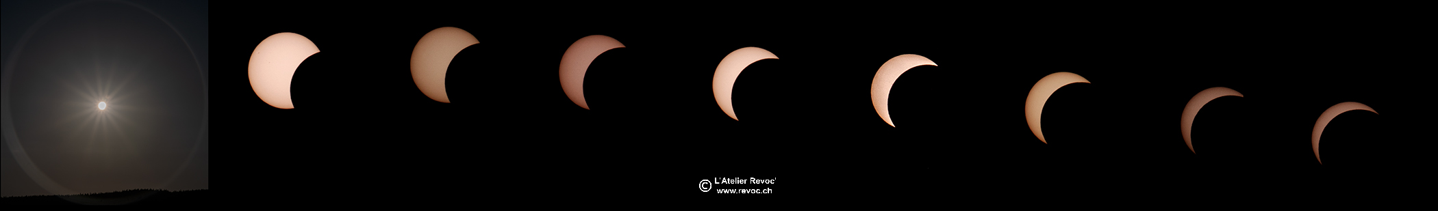 Éclipse partielle 2026 dans le Val-de-Travers – Cécile Clémence Montage photographique de l’éclipse partielle au-dessus du Val-de-Travers