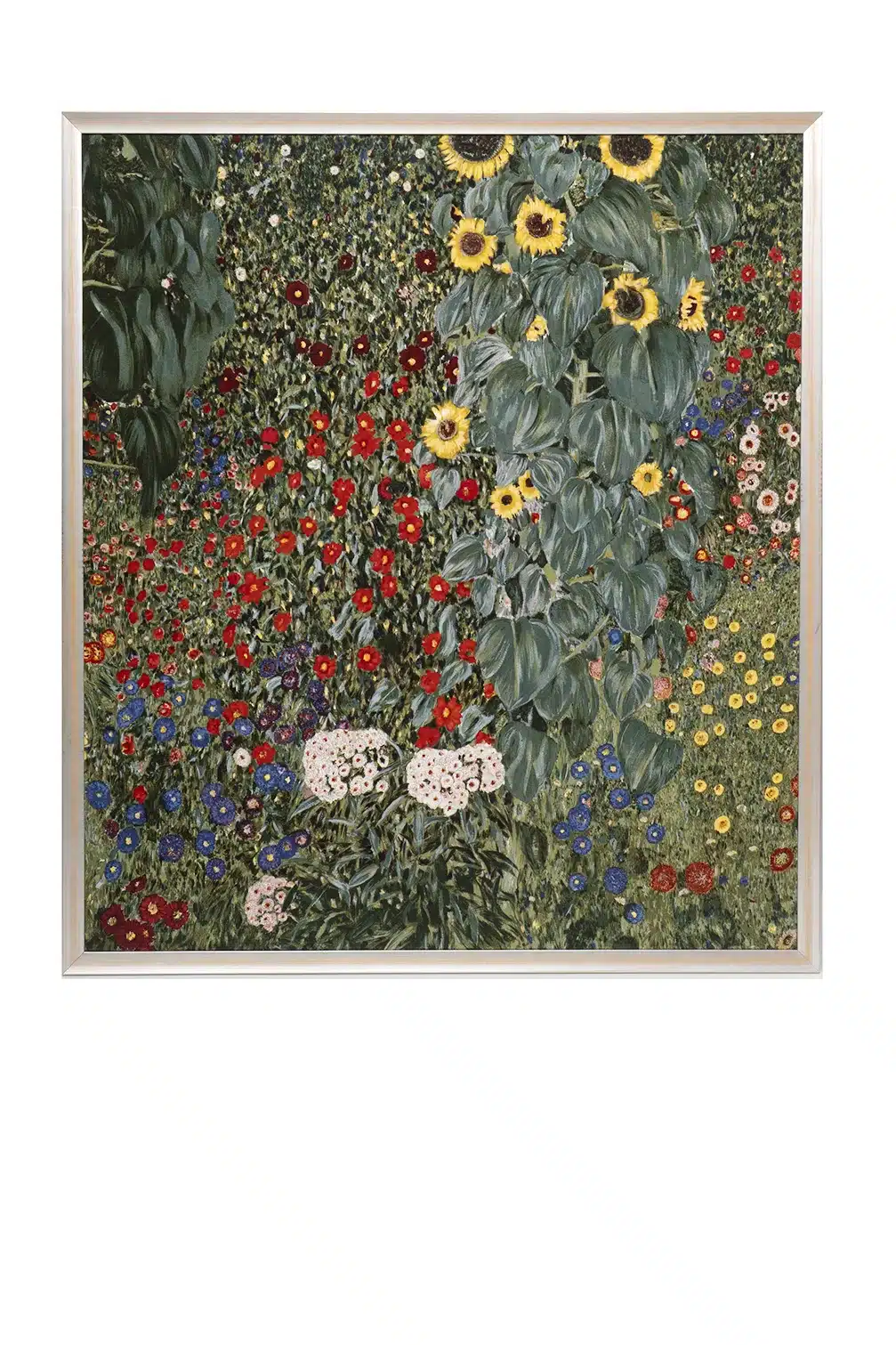 Foulard inspiré de Klimt – encadrement avec verre anti-UV Foulard inspiré de Klimt encadré avec un verre anti-UV et une baguette aluminium à lignes orange